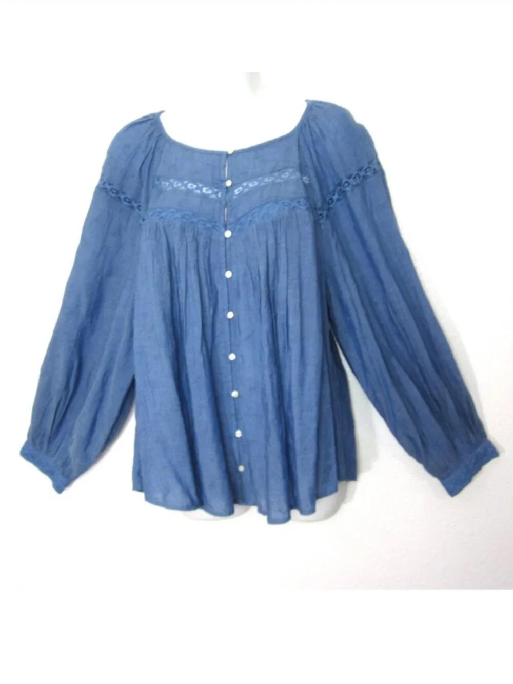 Old Navy NEW Size L Large Long Sleeve Embroidered Lace Trim Peasant Top Blue